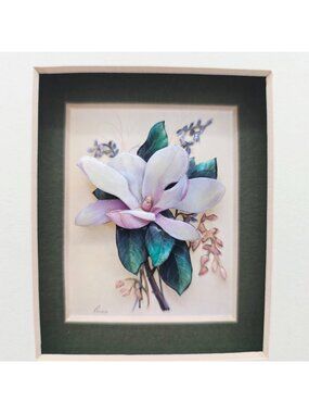Floral 3D Framed Artwork With Purple Flower & Green Border Handcrafted 1.75x2.25